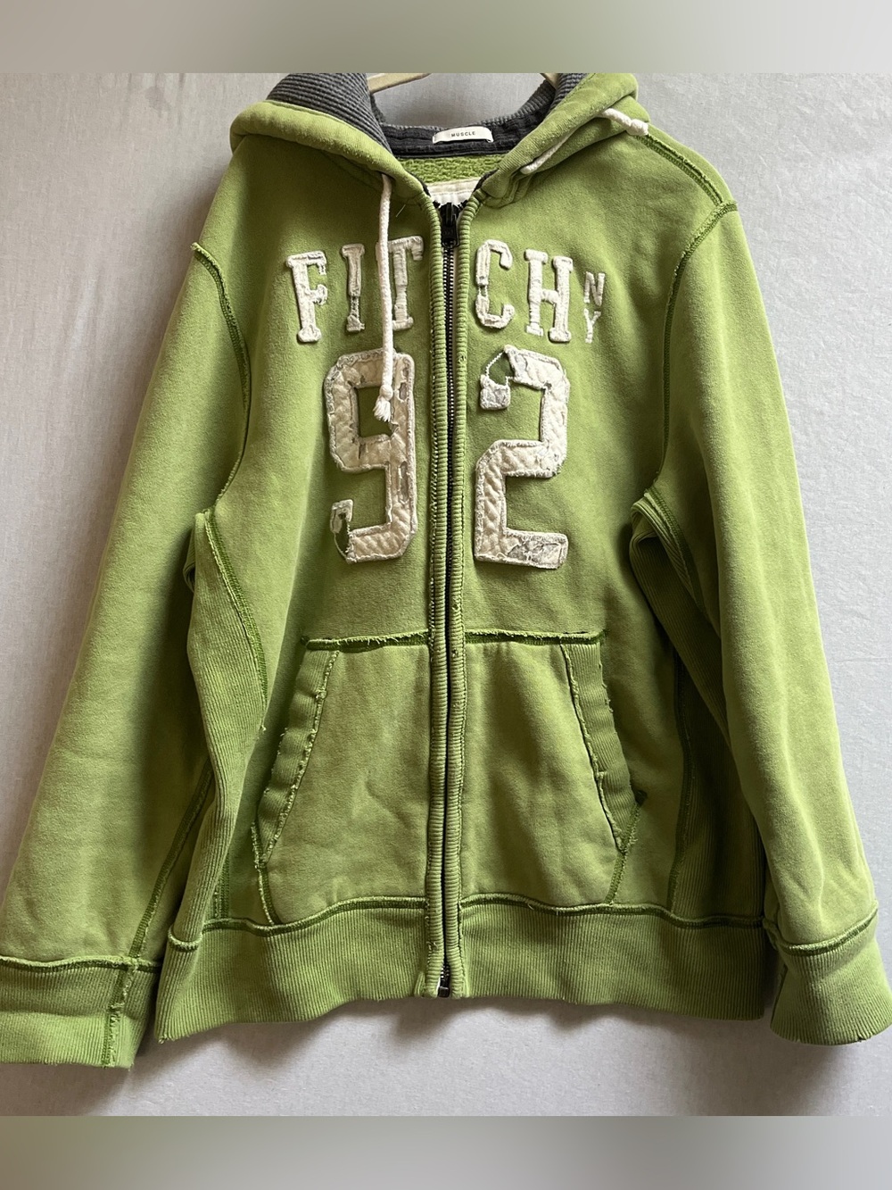 Abercrombie & Fitch Vintage 'FITCH 92' Distressed Lime Green Zip-Up Hoodie XL